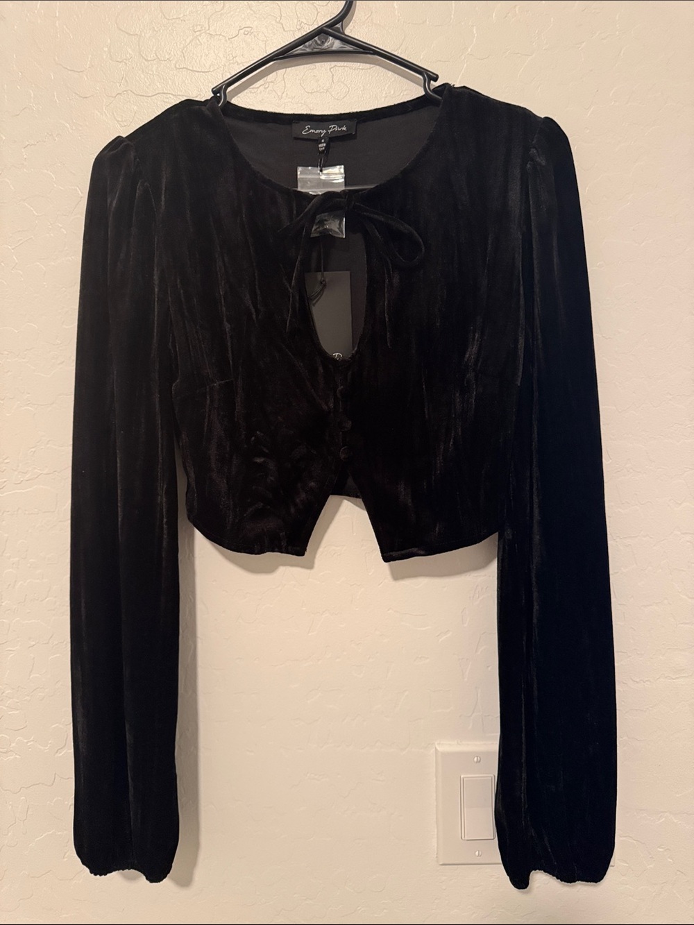 emory park Black Velvet Long-Sleeve Tie-Neck Cropped Blouse